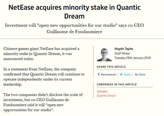 網易宣布投資《底特律：變人》開發商Quantic Dream 遊戲 第1張