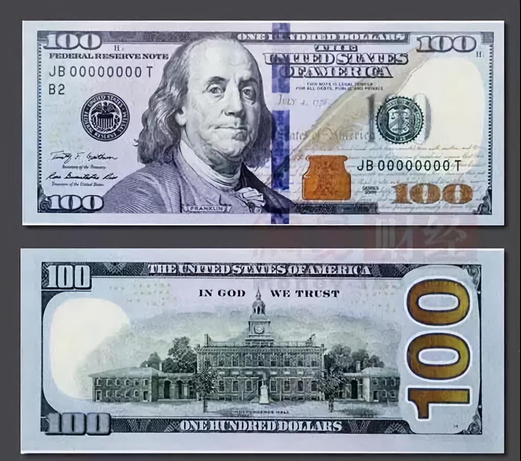 彩钞版100美元纸钞于2013年10月发行,票面规格×66mm