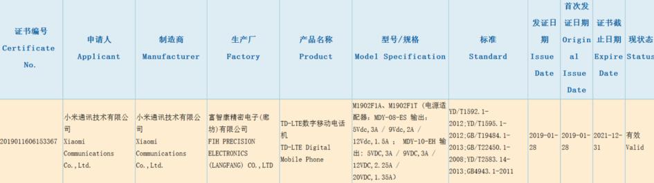 m1902f1t/a已经通过了国家3c认证,按照小米手机产品线以往的命名规律