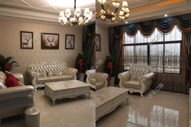 堂屋旁边是客厅,客厅用布艺装饰墙面不显生硬,搭配柔软的沙发和暖色的