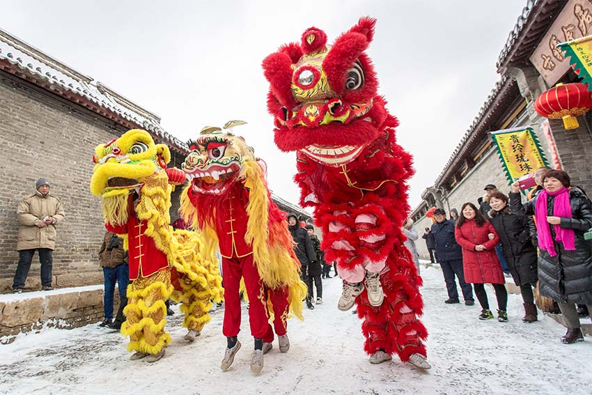 (王建安  摄影)  2019年2月10日,河南内黄县马上乡大黄滩村洪拳舞狮团