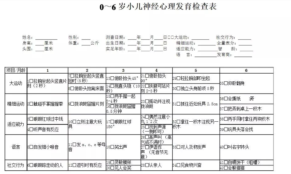 06岁儿童神经心理发育检查表