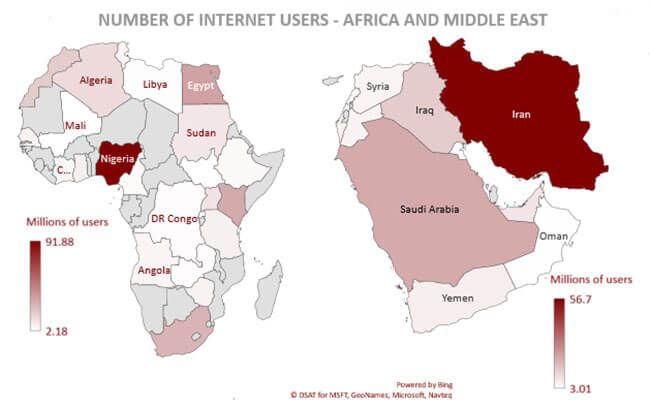 (图为非洲和中东地区网民数量情况分布)