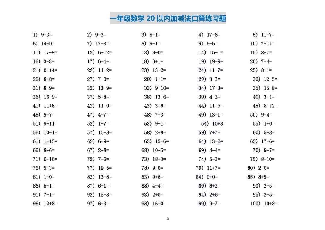 好资料:一年级数学20以内退位减法口算练习题,电子版