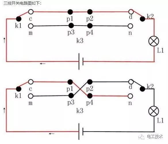 三控开关电路图如下:在一灯双控的基础上拓展下思维,来个一灯三控