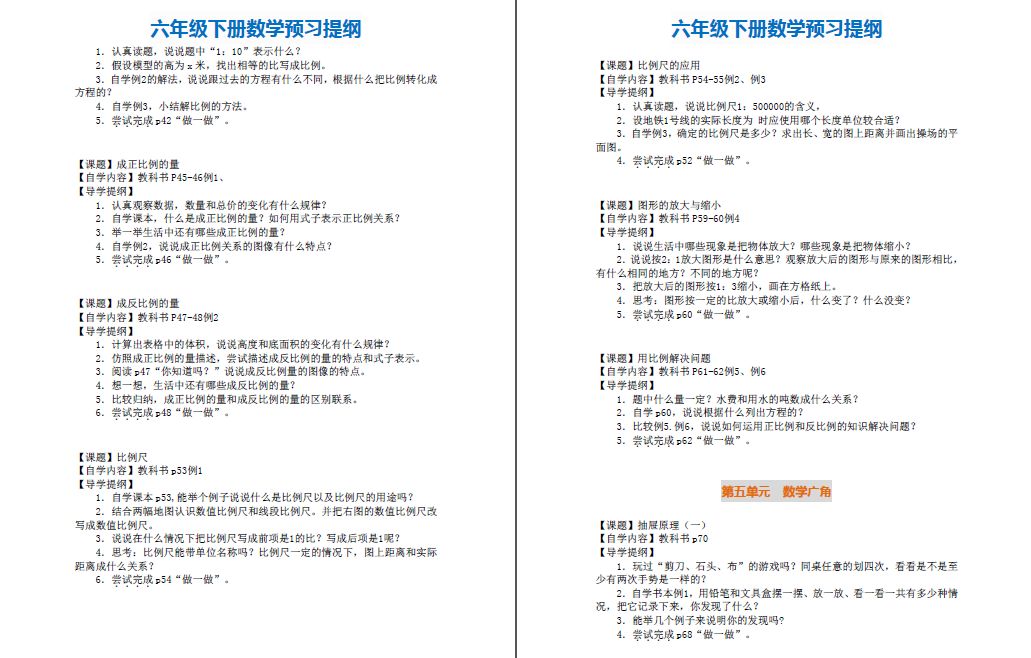 老师推荐 六年级下册数学预习提纲 开学学习必备 大图