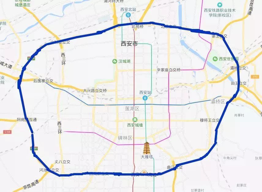 图中里圈是现有的绕城高速,外圈就是西安外环高速公路,全长270公里,与