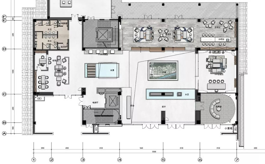 售楼中心主要包含接待大堂,沙盘区,观景洽谈区,休闲水吧区,vip洽谈区