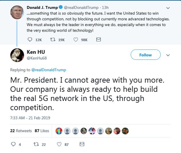 華為胡厚崑轉發特朗普推文表示：華為準備好通過競爭為美國建設5G網路 未分類 第1張