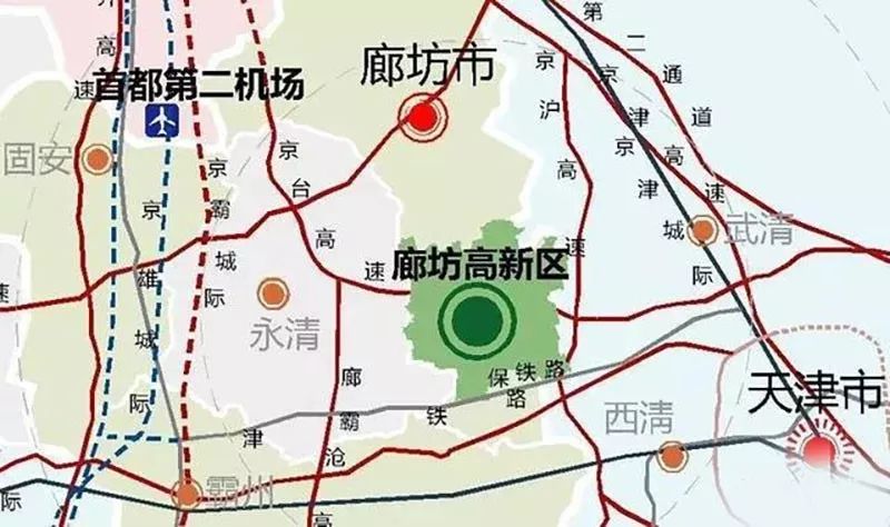 永清南站后折向西北引入京雄城际固安东站,均位于廊坊市境内.