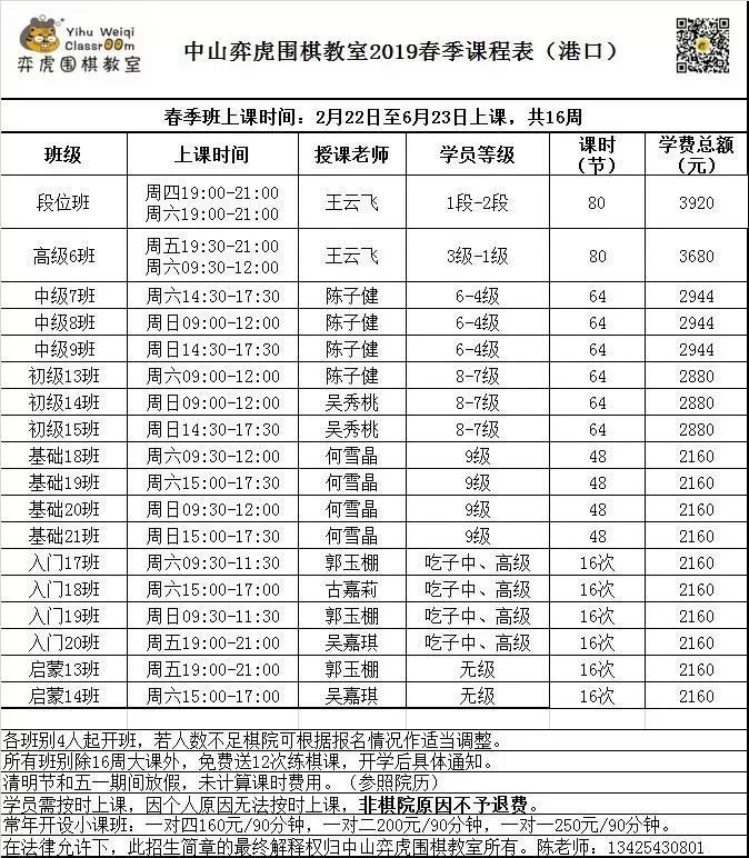 中山弈虎围棋教室2019年各分院春季课程表