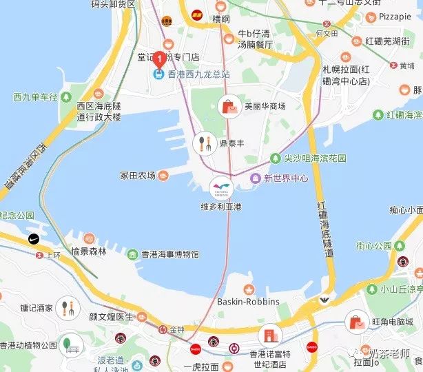 西九龙出站步行5分钟是广东道,一路下去是海港城.