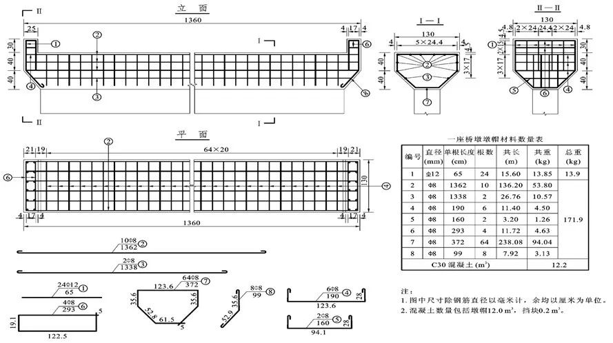 图11-26桥墩墩帽及挡块钢筋结构图