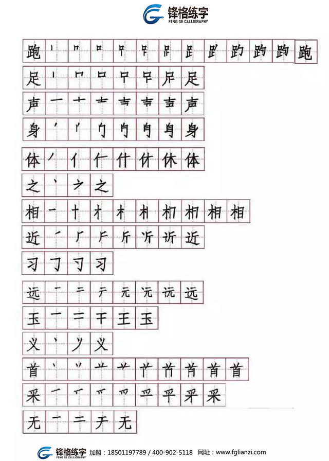 锋格练字加盟: 一年级下册语文生字笔顺表