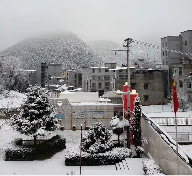 今日清晨,巫山县官阳镇被蒙上雪白的一层外衣,远处的山林也是雪雾高挂