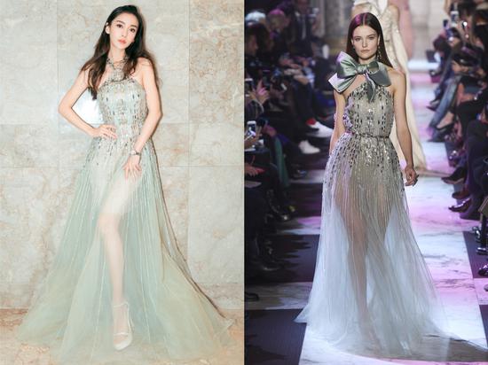 elie saab 2018春夏高定系列水绿色长裙,在曼妙轻纱之上点缀竖纹银光