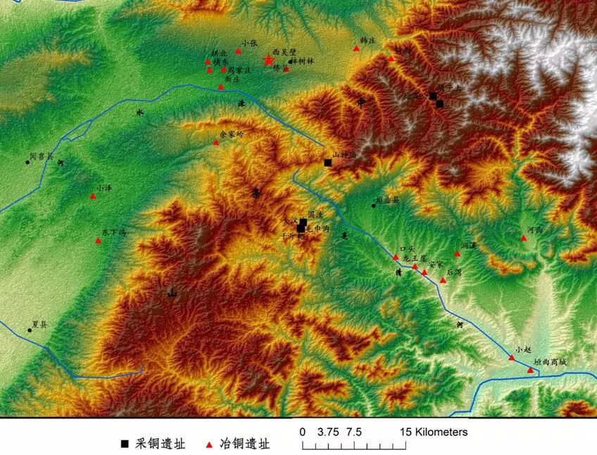 中条山及周边采,冶铜遗址分布图