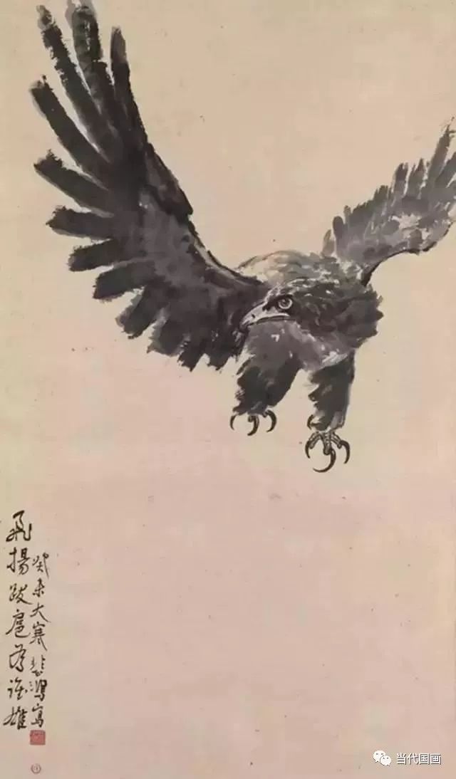 徐悲鸿画鹰,以没骨与勾勒相结合.