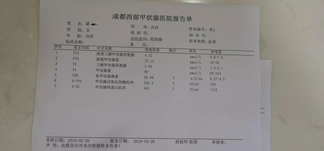 张女士的甲功七项检查报告 彩超报告单显示