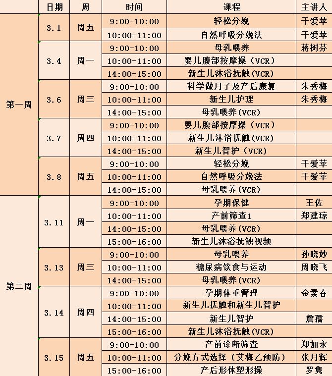 【孕妇学校】3月份课程表在此!这些课您都上过了吗?