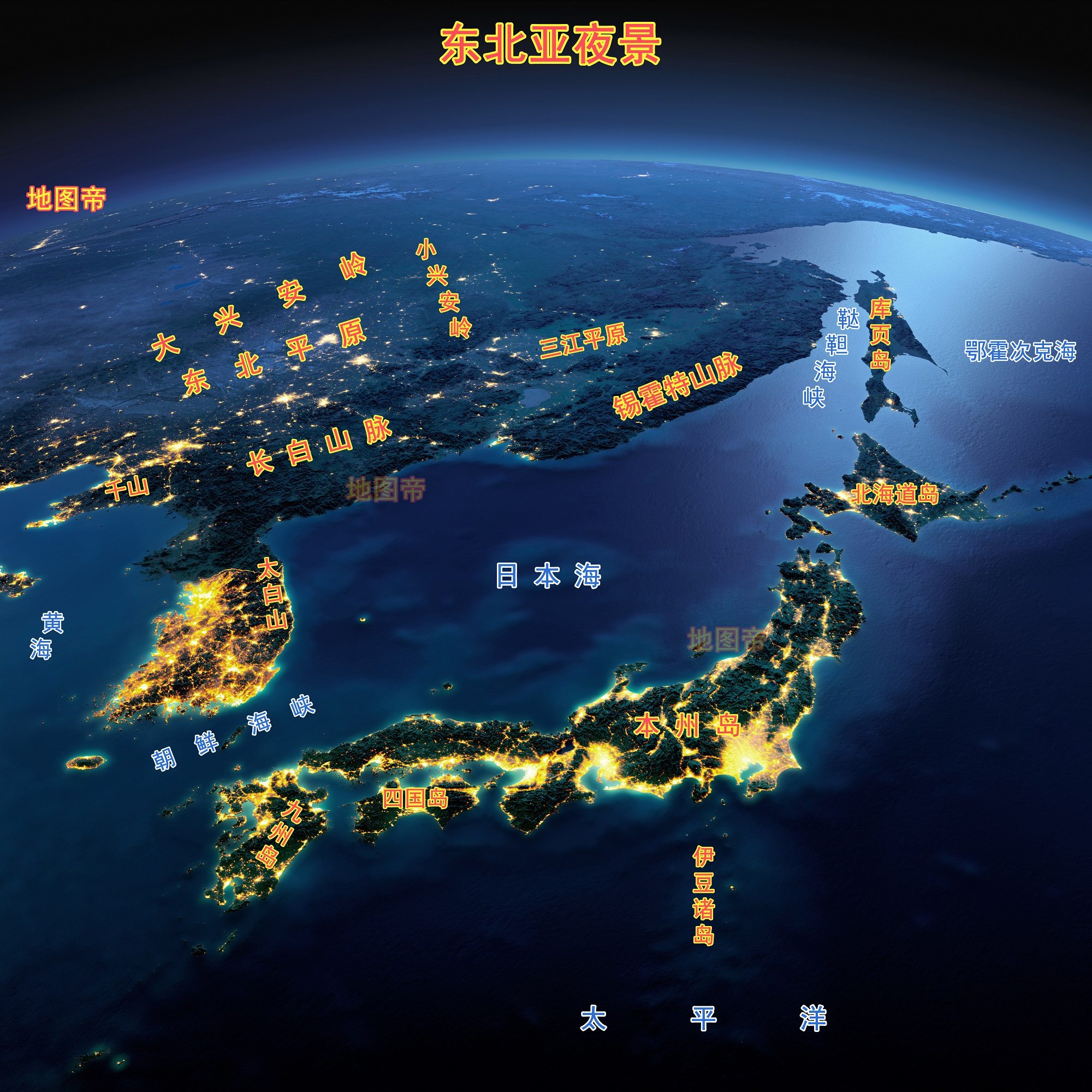 日本与朝鲜半岛,地形图与夜景图欣赏