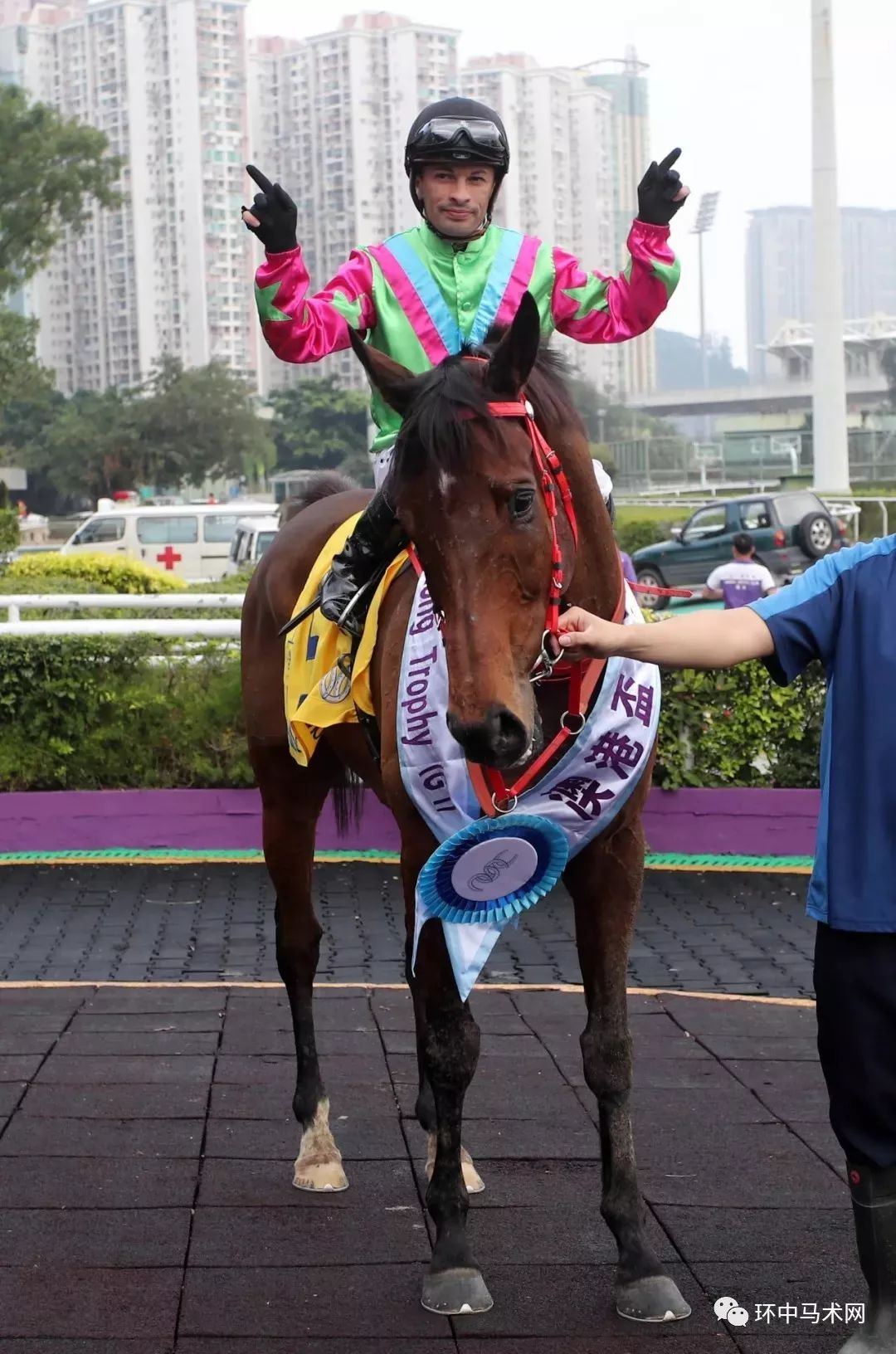 香港代表"马上发财"胜出澳港杯后,练马师叶楚航,马主志进赛马团体的