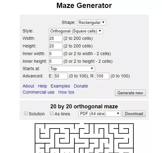 可以按照形状,样式,宽度,长度,难度等生成一个迷宫,而且可以选择尺寸