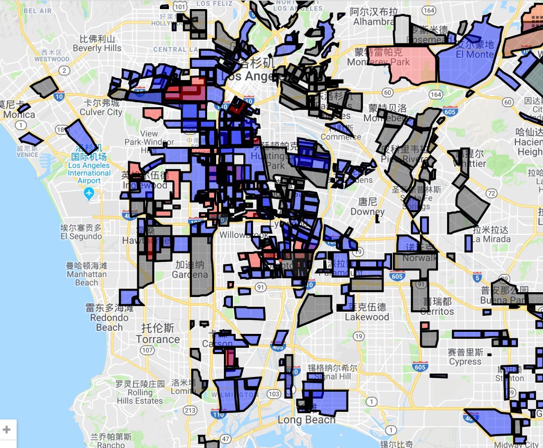 让我们看一张洛杉矶的帮派地图截图,蓝色为瘸帮,红色为血帮.
