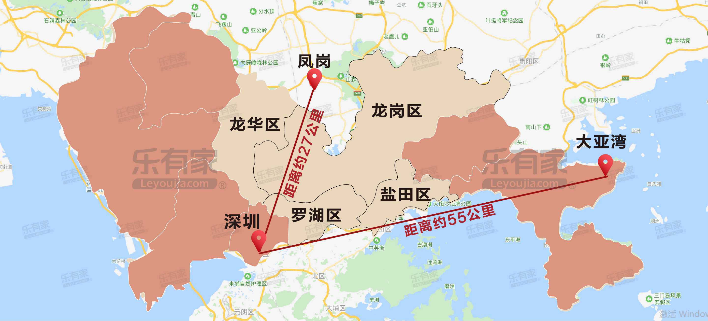 根据百度地图距离测算,凤岗镇距离深圳最近的临界点到深圳市中心直线