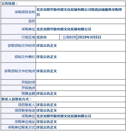 华脉传媒文化发展有限公司物流运输服务采购项