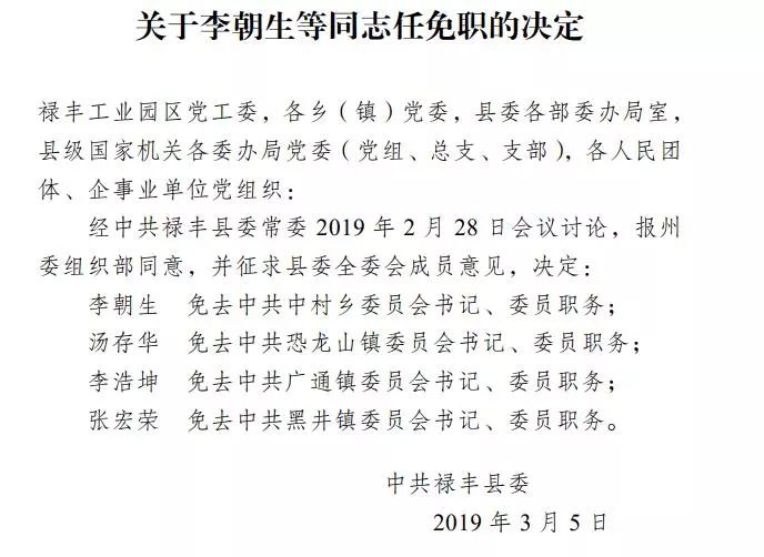 南华武定姚安元谋禄丰一批干部任前公示人事任免通知