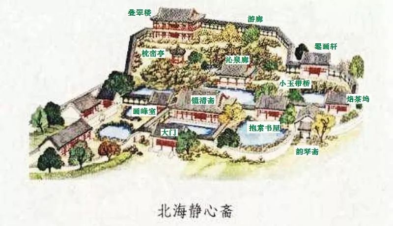 静心斋东枕山,西倚寺,南面沧波,园内亭,榭,廊,轩,石桥,水池,叠石,假山