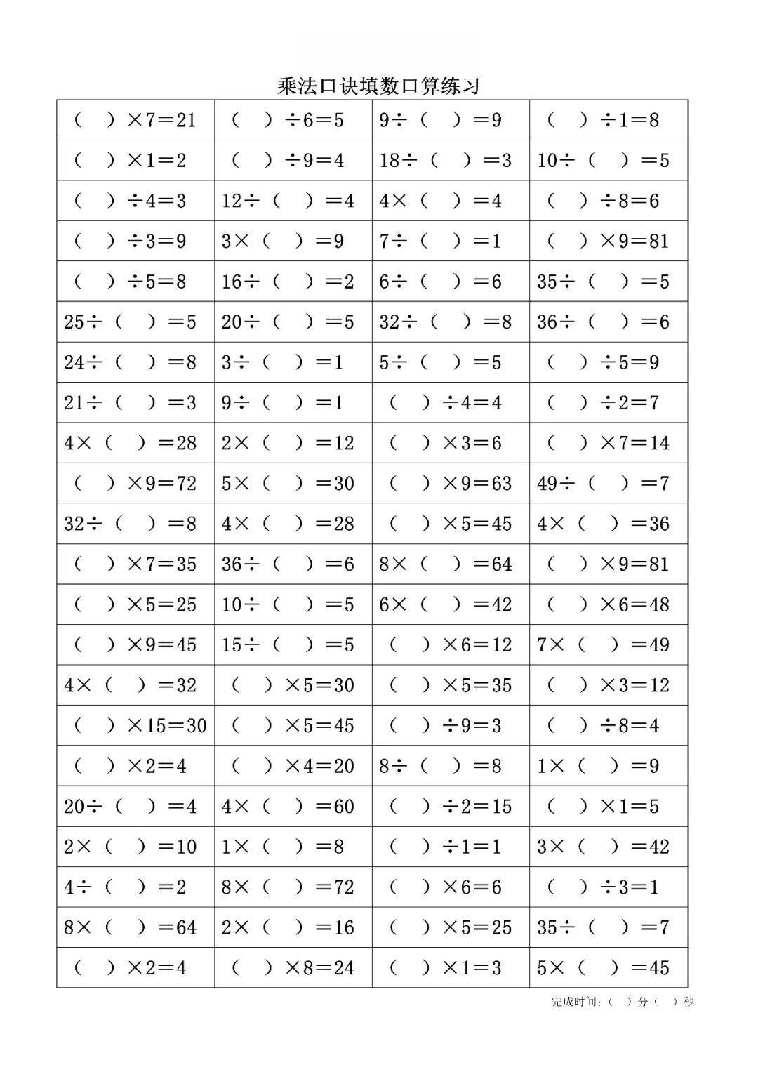 二年级数学下册表内乘法口诀填数练习,可打印