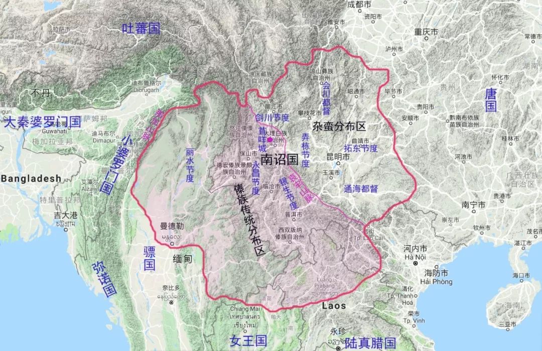 其它地区杂错居住着各种蛮族;永昌节度驻地永昌城,就是古哀牢国王城"