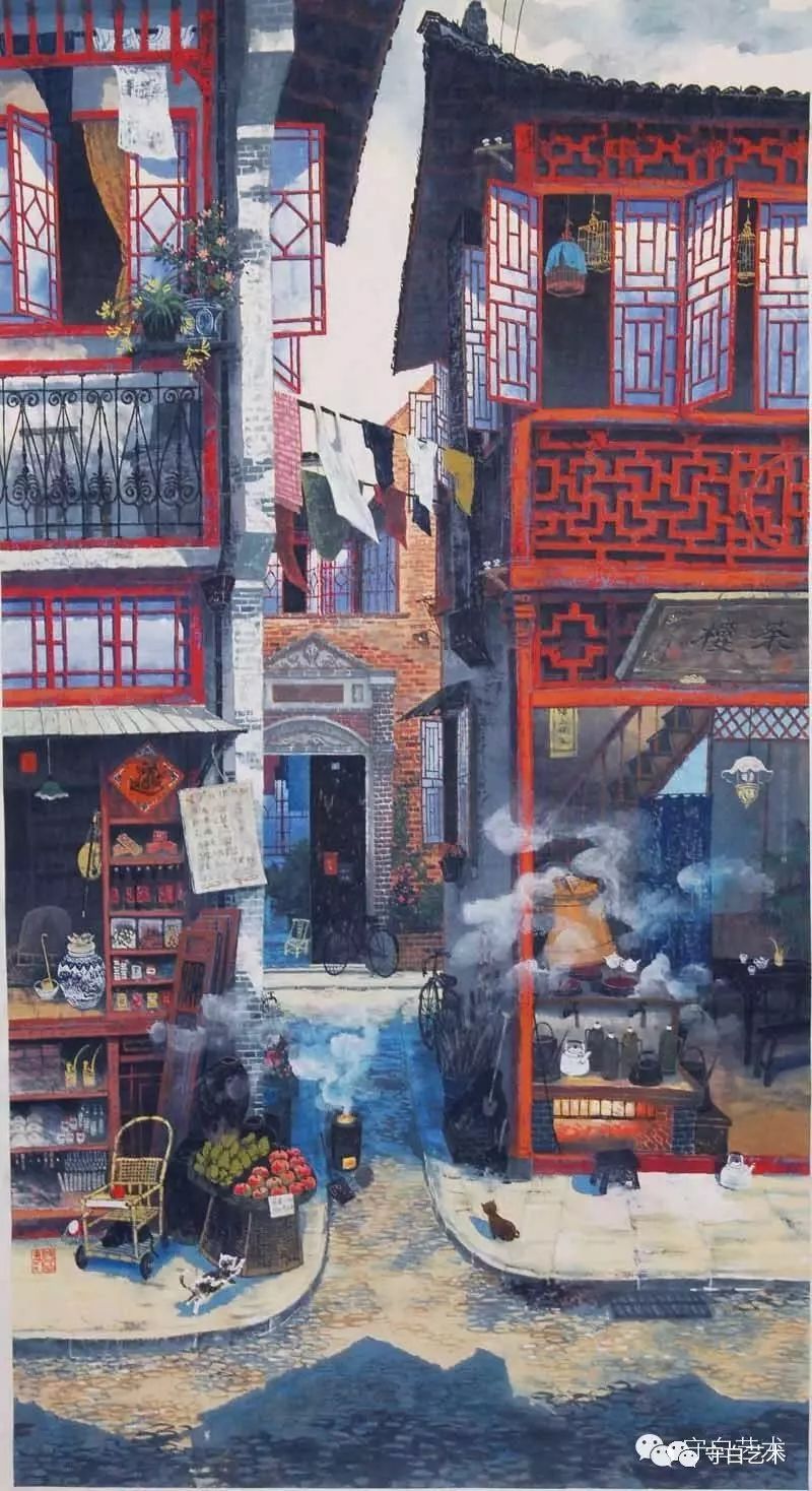 重彩画《弄堂口 李守白 62x35cm 2007年