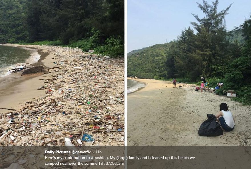 这个网友,和家人露营的时候,把旁边一个被垃圾污染的沙滩都清理干净