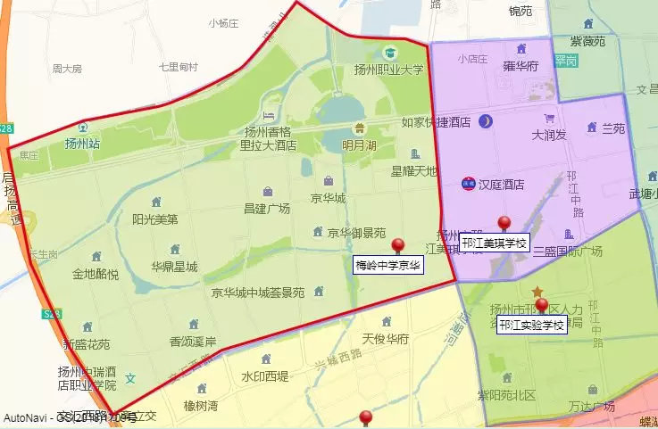 图中红线区域为梅岭中学京华城校区施教区范围 672018年梅岭京华城