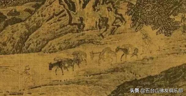 画中我们可以看出,一群骆驼车队在丛林之中行进,图上山峰很多,树木