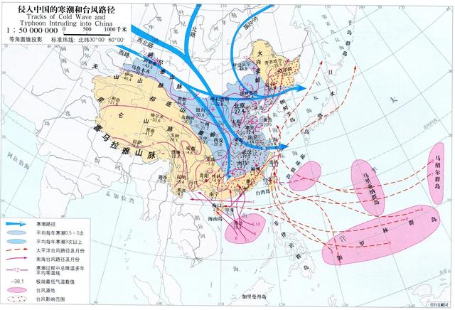 侵入中国的寒潮和台风路径图