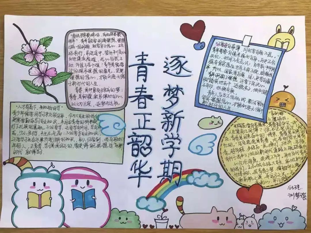 本周是一次以"青春正韶华 筑梦新学期"为主题的手抄报创作活动,同学