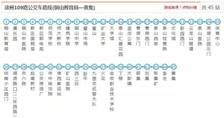 徐州109路公交车路线 运行时间:铜山新区-黄集首班5:40末班18:00