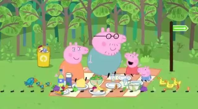 "everybody loves picnics!" cries peppa."大家都喜欢野餐!"佩奇说.