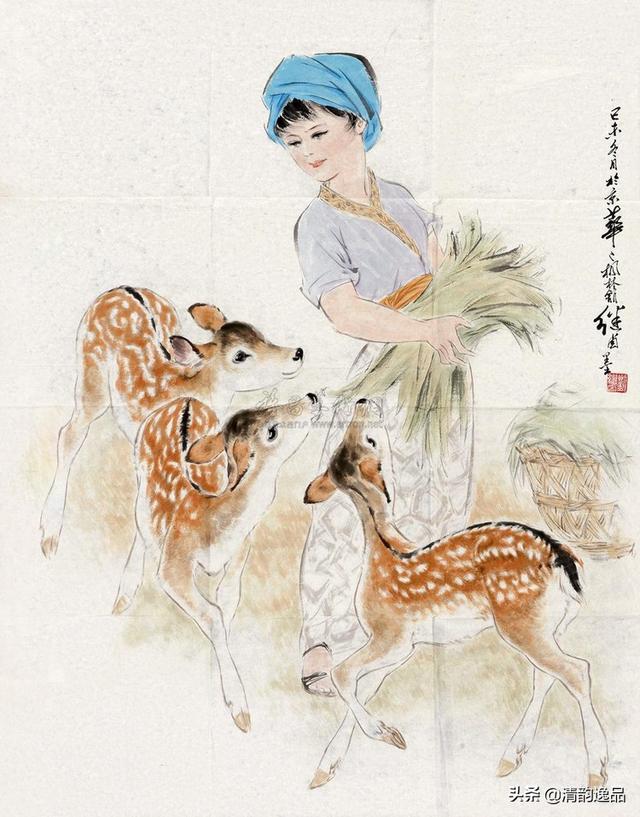 刘继卣画的人物仕女,花鸟走兽,多为工笔与写意相结合,在其绚丽多彩和