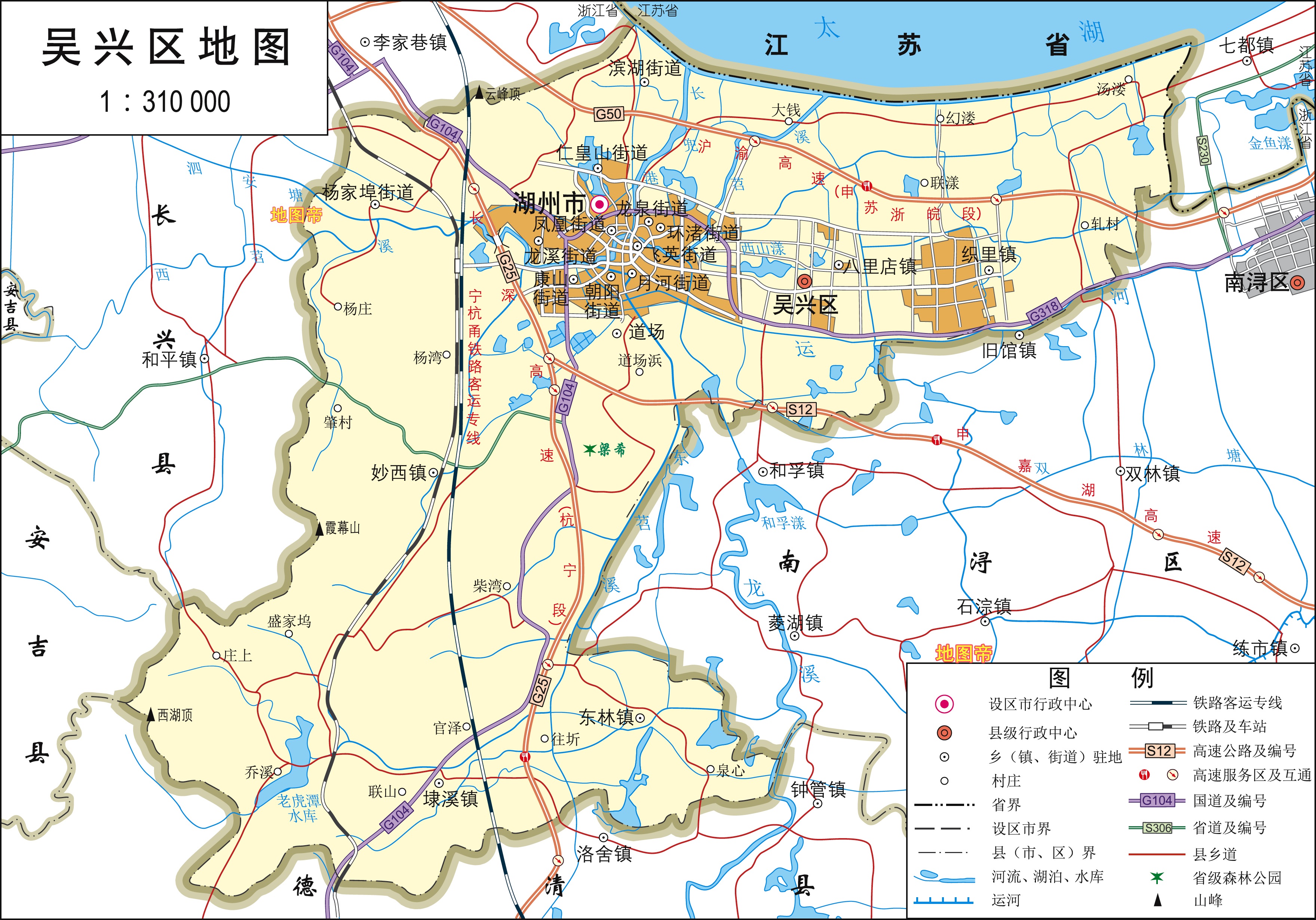 历史文化名城浙江湖州市两区三县高清地图