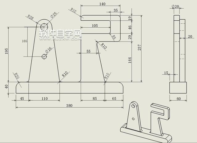 第2步,使用solidworks绘制下面图纸尺寸,把固定座绘出来.