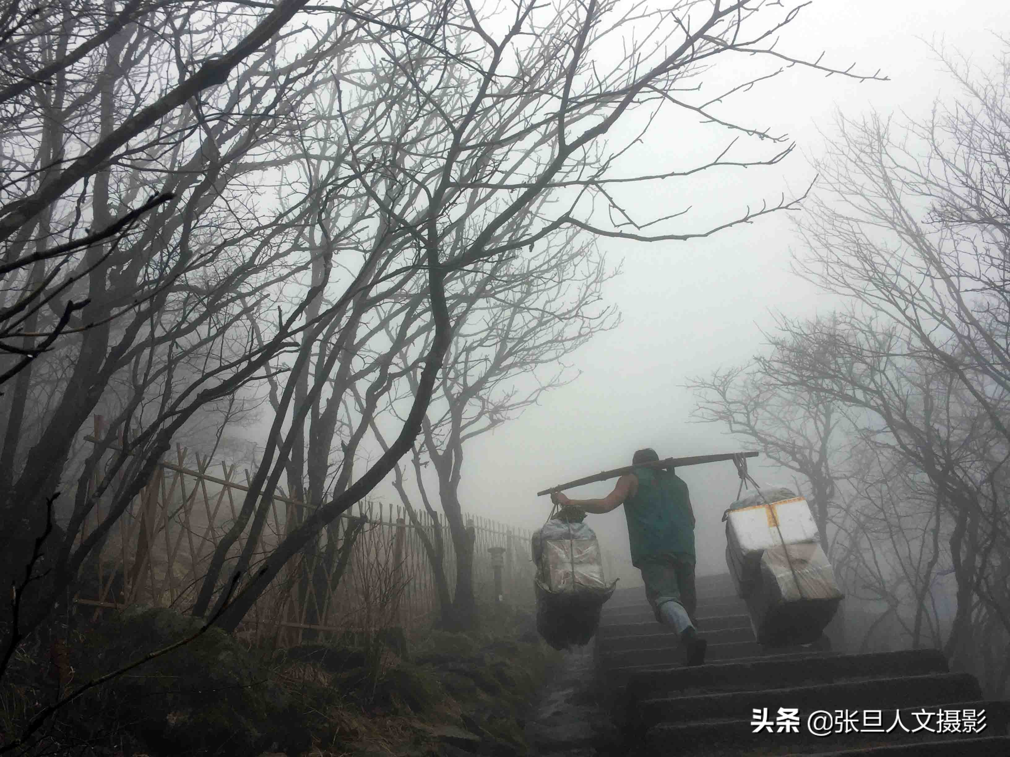 1/ 12 安徽黄山,烟雨蒙蒙,一位肩挑重担的男子一步一步费力的走来