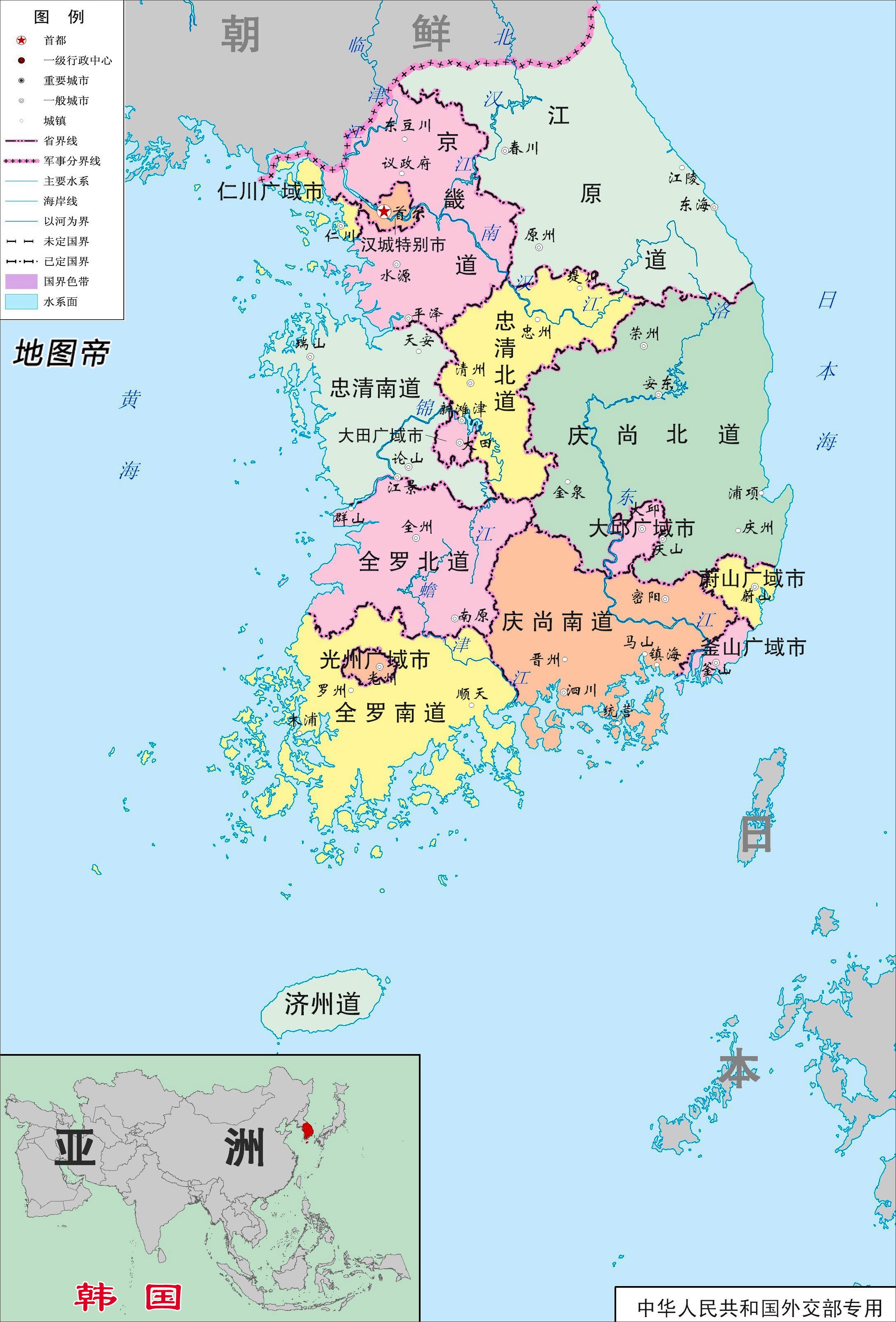 韩国行政区划图 - 韩国地图 - 地理教师网
