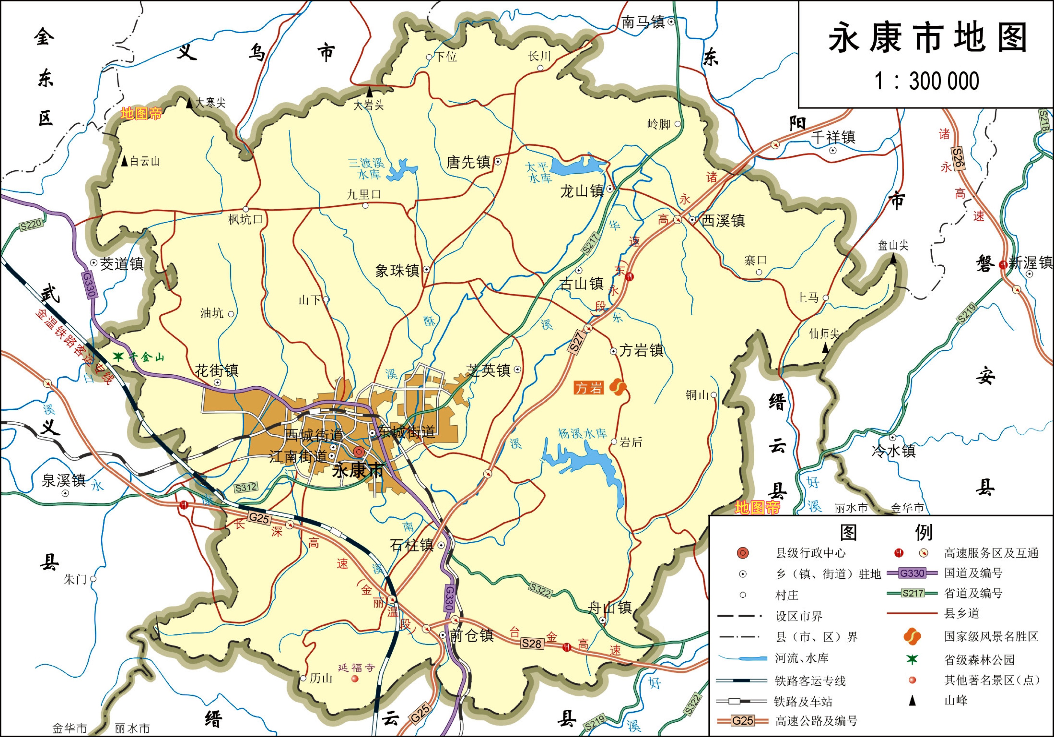 浙江金华2区3县4市地图,有世界最大市场和影视城