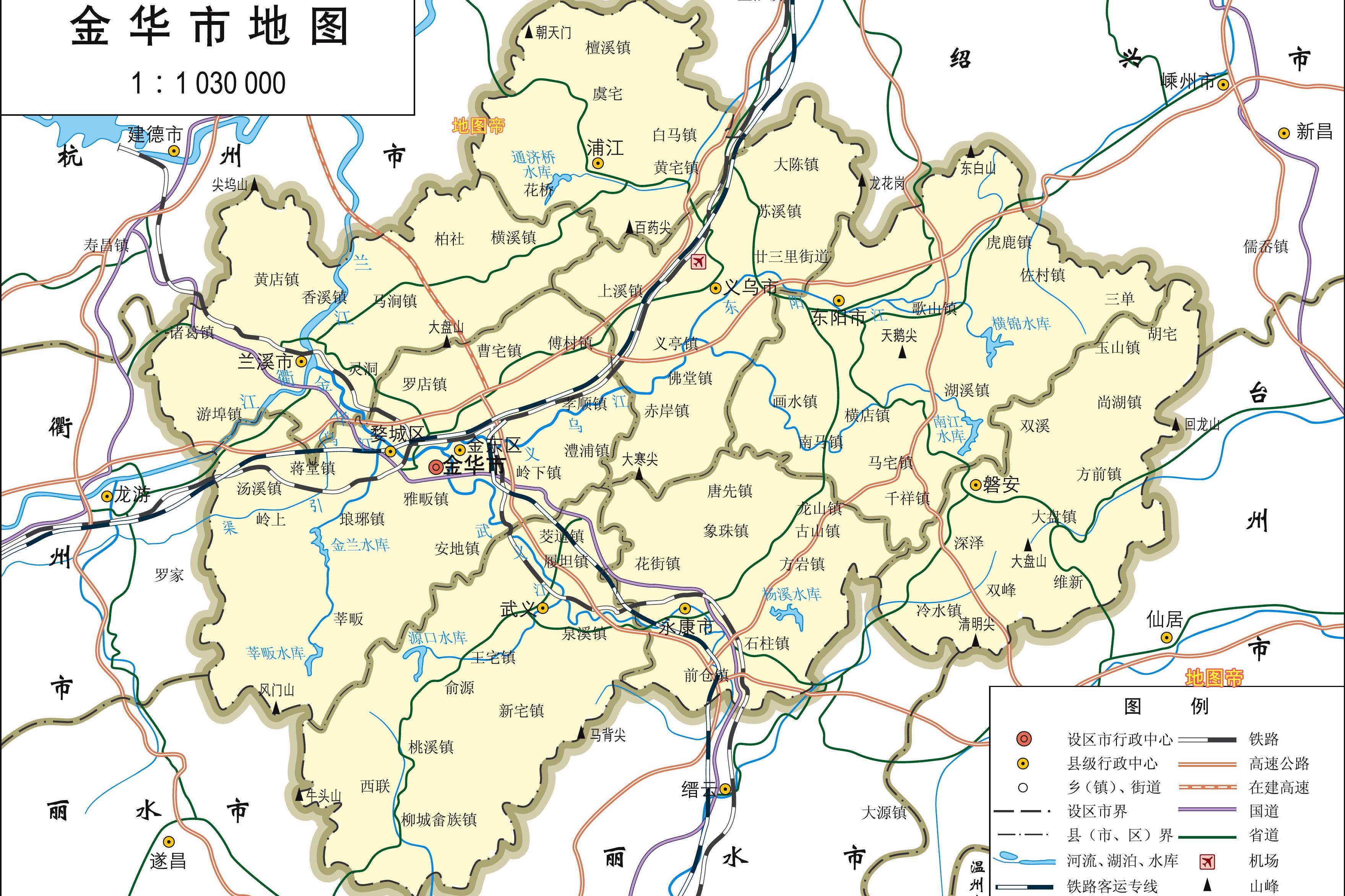 浙江金华2区3县4市地图,有世界最大市场和影视城