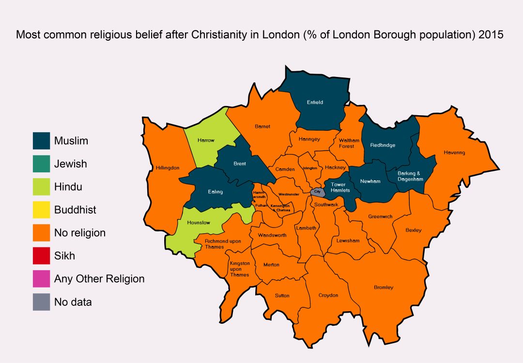 伦敦各区除基督教外,最信仰哪个宗教?